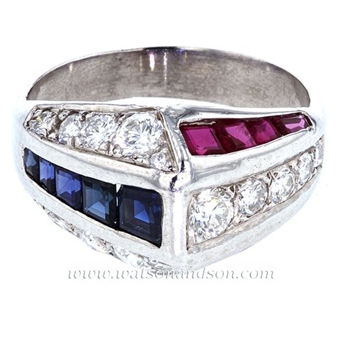 Retro Style Platinum Ruby, Sapphire And Diamond Ring 1