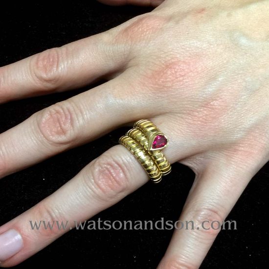 18 Kt Yellow Gold Bulgari Tubogas Snake Ring With Ruby Head 3