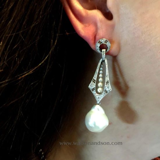 Platinum Diamond And Baroque South Sea Pearl Drop Earrings 2