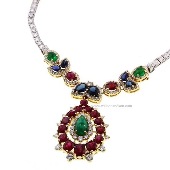 Custom Designed Colored Gemstone &Amp; Diamond Bib Necklace 1