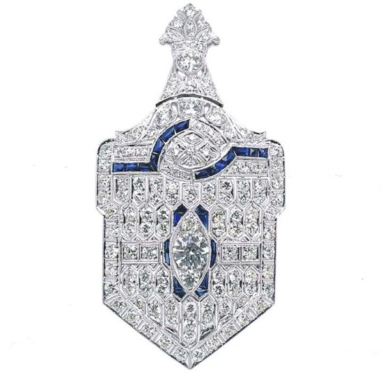 Edwardian Platinum And Diamond And Sapphire Filigree Pendant / Pin 1