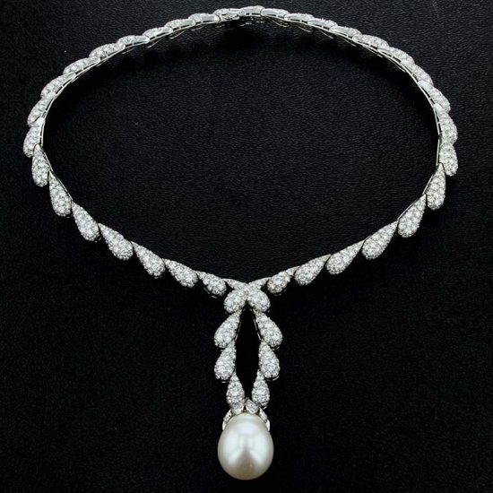 Platinum Pearl And Pave Diamond Drop Necklace 1