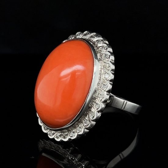 White Gold Cabochon Coral And Diamond Ring 3