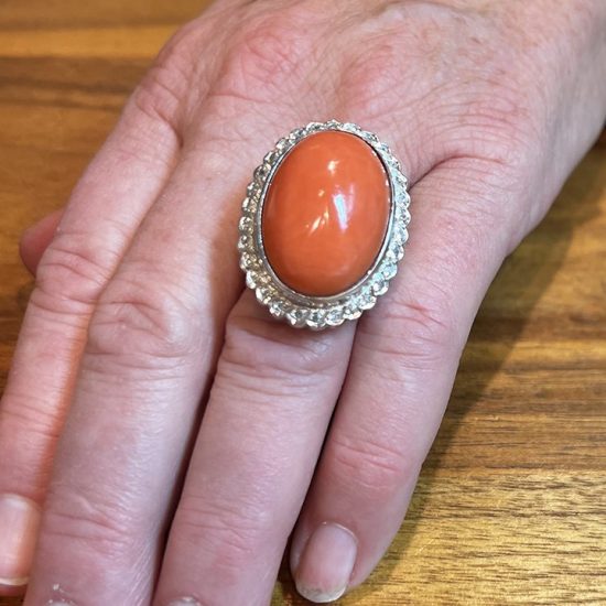 White Gold Cabochon Coral And Diamond Ring 7