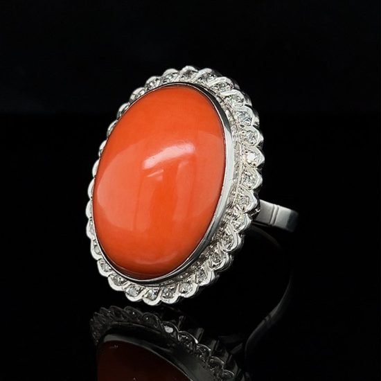 White Gold Cabochon Coral And Diamond Ring 1