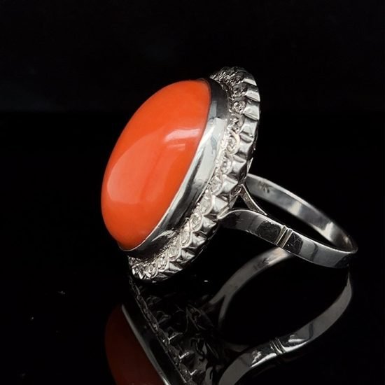 White Gold Cabochon Coral And Diamond Ring 4