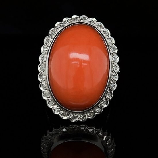 White Gold Cabochon Coral And Diamond Ring 2