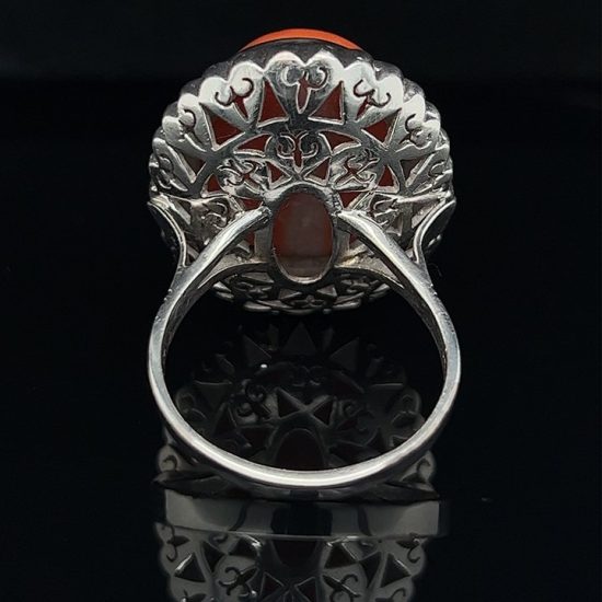 White Gold Cabochon Coral And Diamond Ring 5