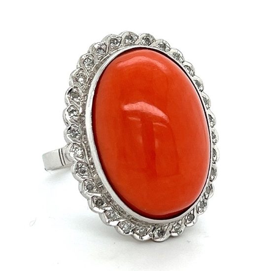 White Gold Cabochon Coral And Diamond Ring 6