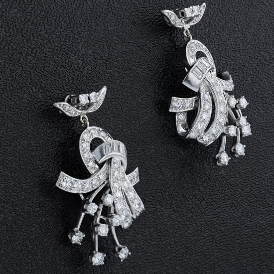 Diamond Set Platinum Spray Drop Earrings 4