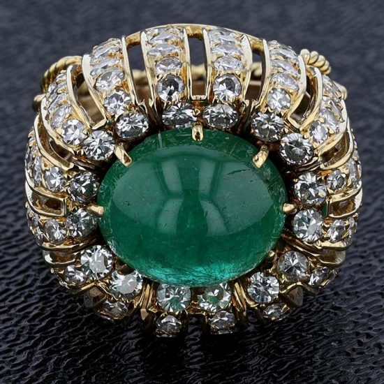 Cabochon Cut Emerald And Diamond Dome Ring 9