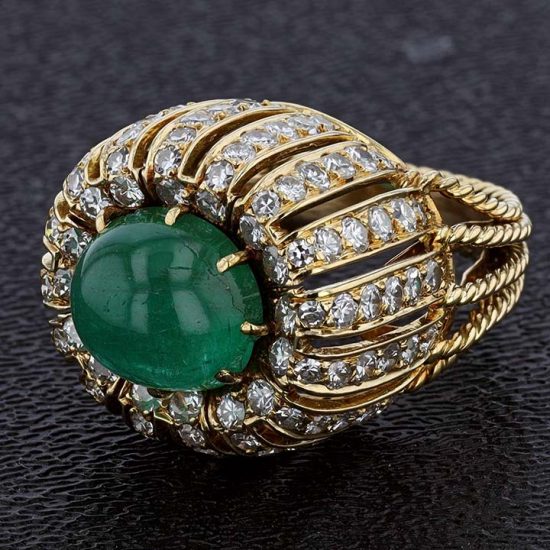 Cabochon Cut Emerald And Diamond Dome Ring 8