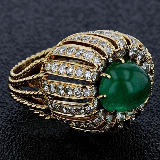 Cabochon Cut Emerald And Diamond Dome Ring 7