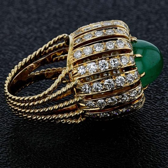 Cabochon Cut Emerald And Diamond Dome Ring 6