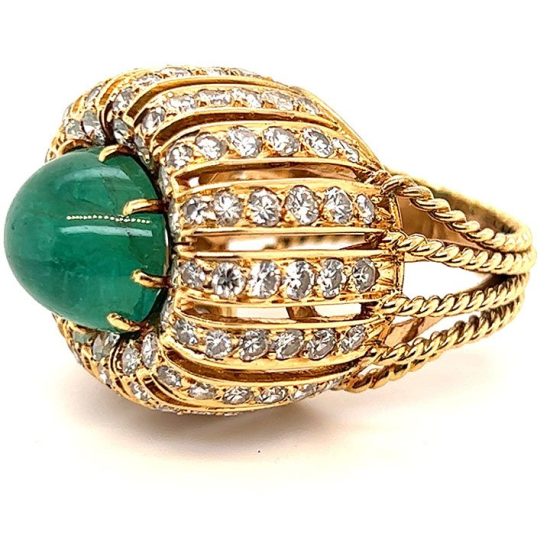 Cabochon Cut Emerald And Diamond Dome Ring 4