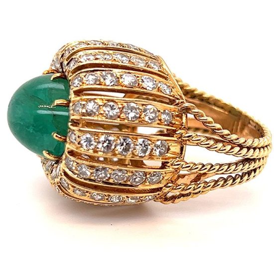 Cabochon Cut Emerald And Diamond Dome Ring 3