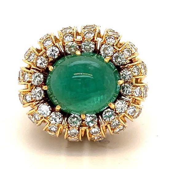 Cabochon Cut Emerald And Diamond Dome Ring 1