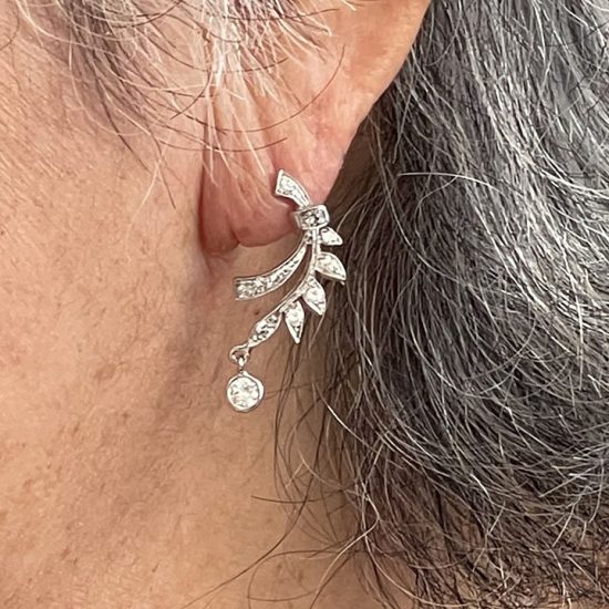Platinum Foliate Earrings With Diamond Drop 3