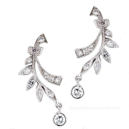 Platinum Foliate Earrings With Diamond Drop 1