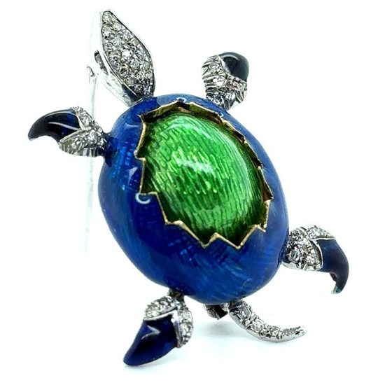 Turtle Pin In Green And Blue Guilloche Enamel 2