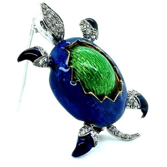 Turtle Pin In Green And Blue Guilloche Enamel 3