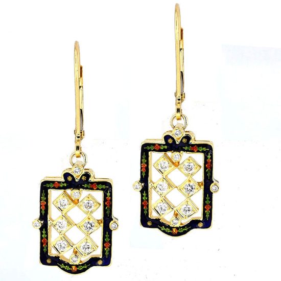 18 Kt Yellow Gold Diamond And Enamel Drop Earrings 1
