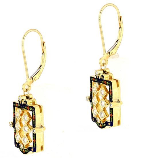 18 Kt Yellow Gold Diamond And Enamel Drop Earrings 4