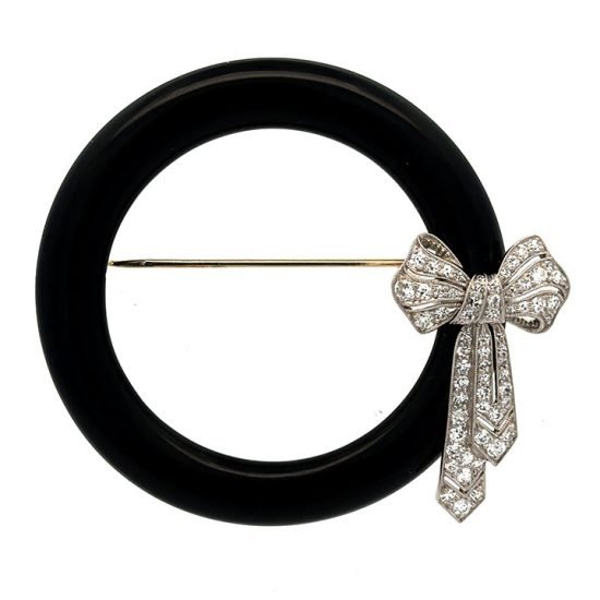 Black Star &Amp; Frost Art Deco Carved Onyx &Amp; Diamond Circle Pin 1