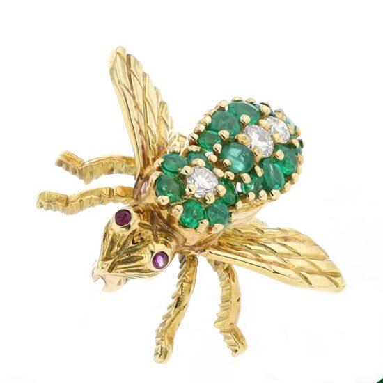 Bee Pin With Emeralds And Diamonds In Yellow Gold - Image 2