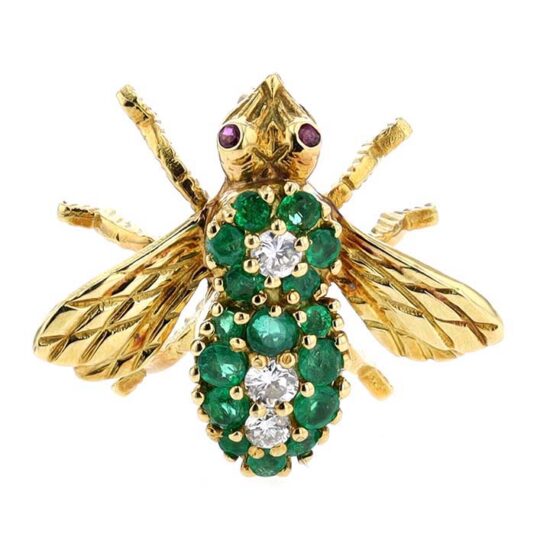 Bee Pin With Emeralds And Diamonds In Yellow Gold