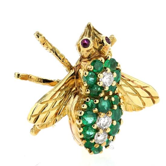 Bee Pin With Emeralds And Diamonds In Yellow Gold - Image 4
