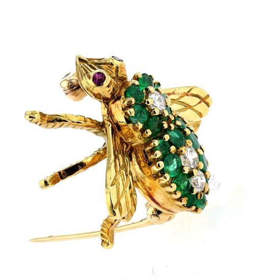 Bee Pin With Emeralds And Diamonds In Yellow Gold - Image 3