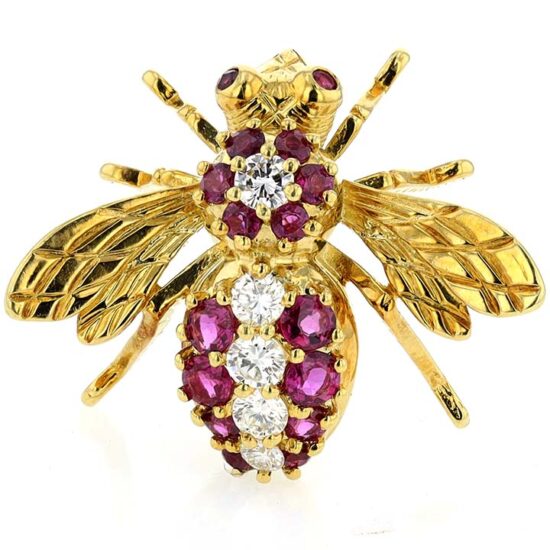 Ruby And Diamond Bee Pin In Yellow Gold