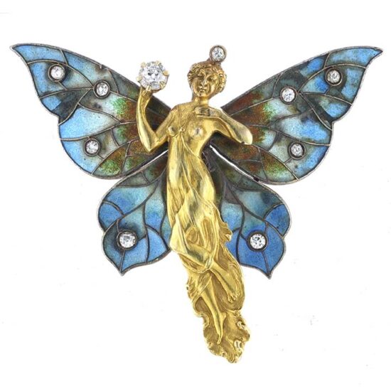 Art Nouveau Yellow Gold And Silver Enameled Lady Butterfly