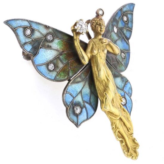 Art Nouveau Yellow Gold And Silver Enameled Lady Butterfly - Image 3