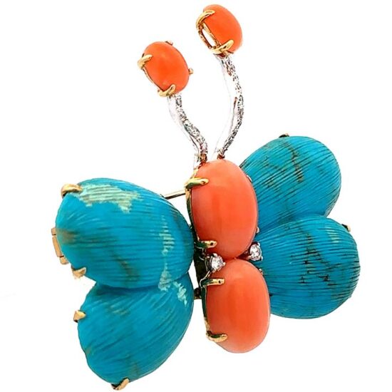 Butterfly In Carved Turquoise, Coral And Diamond Pin 2