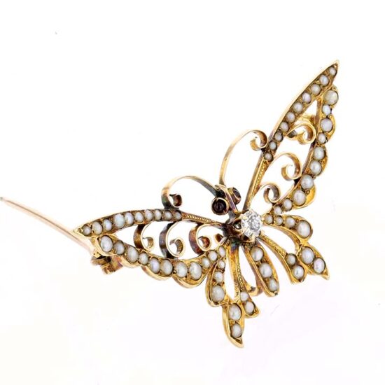 Victorian Seed Pearl And Diamond Butterfly Pin 3