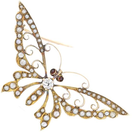 Victorian Seed Pearl And Diamond Butterfly Pin 1