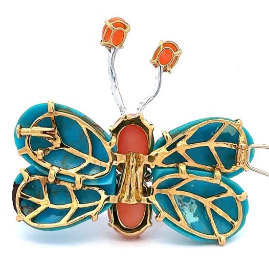 Butterfly In Carved Turquoise, Coral And Diamond Pin 6