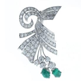 Retro 18K White Gold Diamond & Emerald Spray Brooch Pin | 3.05 CTW Natural Diamonds | Cabochon Emerald Accents | Circa 1950s