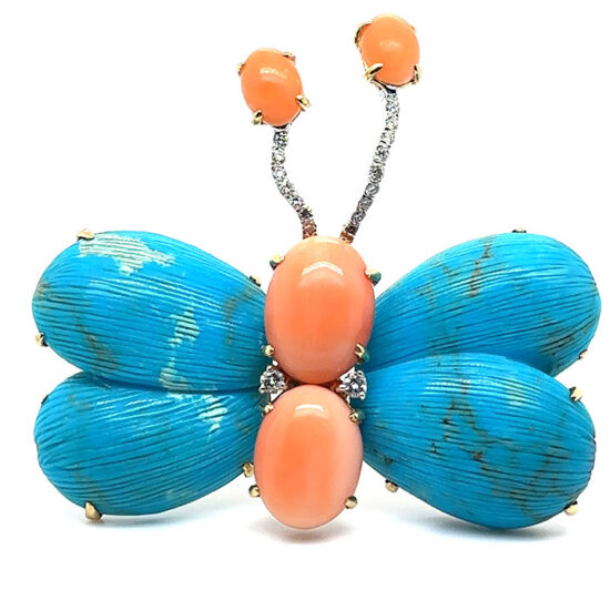 Butterfly In Carved Turquoise, Coral And Diamond Pin 1
