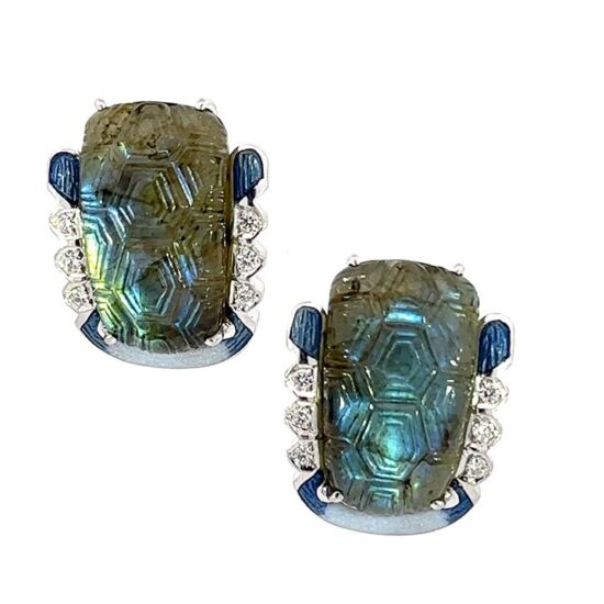 Carved Labradorite Diamond And Enamel Gold Ear Clips 1