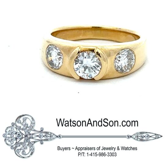 3 stone diamond ring in 18 kt yellow gold