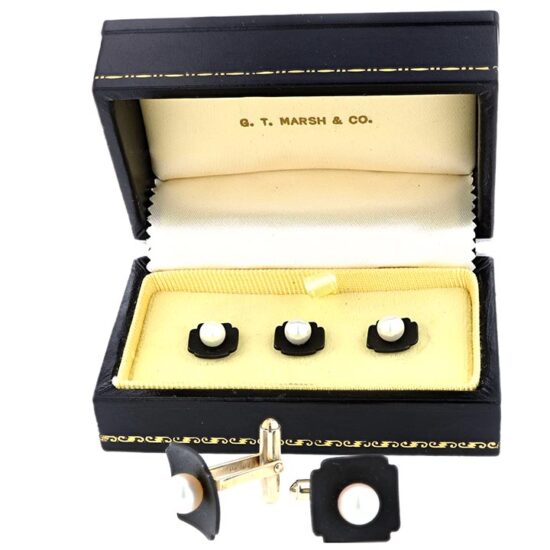 G.T. Marsh steel, white gold and pearl dress shirt button and cuff link set