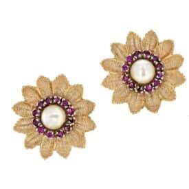 San Francisco Flower Power: Retro Pearl &Amp; Ruby Button Earrings (14K Two-Tone Gold)