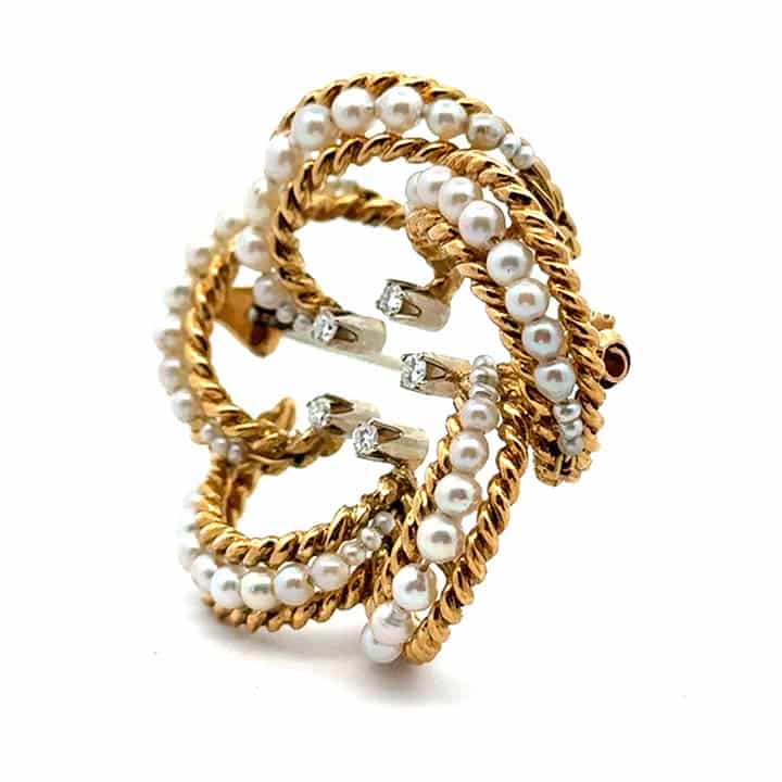 1950S Italian 18K Gold Akoya Pearl &Amp; Diamond Circle Brooch 2 1950S Italian 18K Gold Akoya Pearl &Amp; Diamond Circle Brooch - Image 2