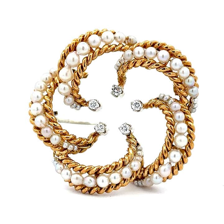 1950S Italian 18K Gold Akoya Pearl &Amp; Diamond Circle Brooch 1 1950S Italian 18K Gold Akoya Pearl &Amp; Diamond Wreath Brooch—Perfect For Dressing Up Today’s Blazers. Don’t Leave Your Lapel Naked; Add Vintage Italian Sparkle.