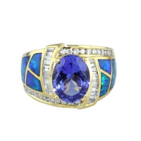 Tanzaniet And Fiery Opal Ring With Diamond Accents