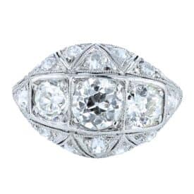 Edwardian Platinum Old European Cut Diamond Three-Stone Dome Ring – C.1918