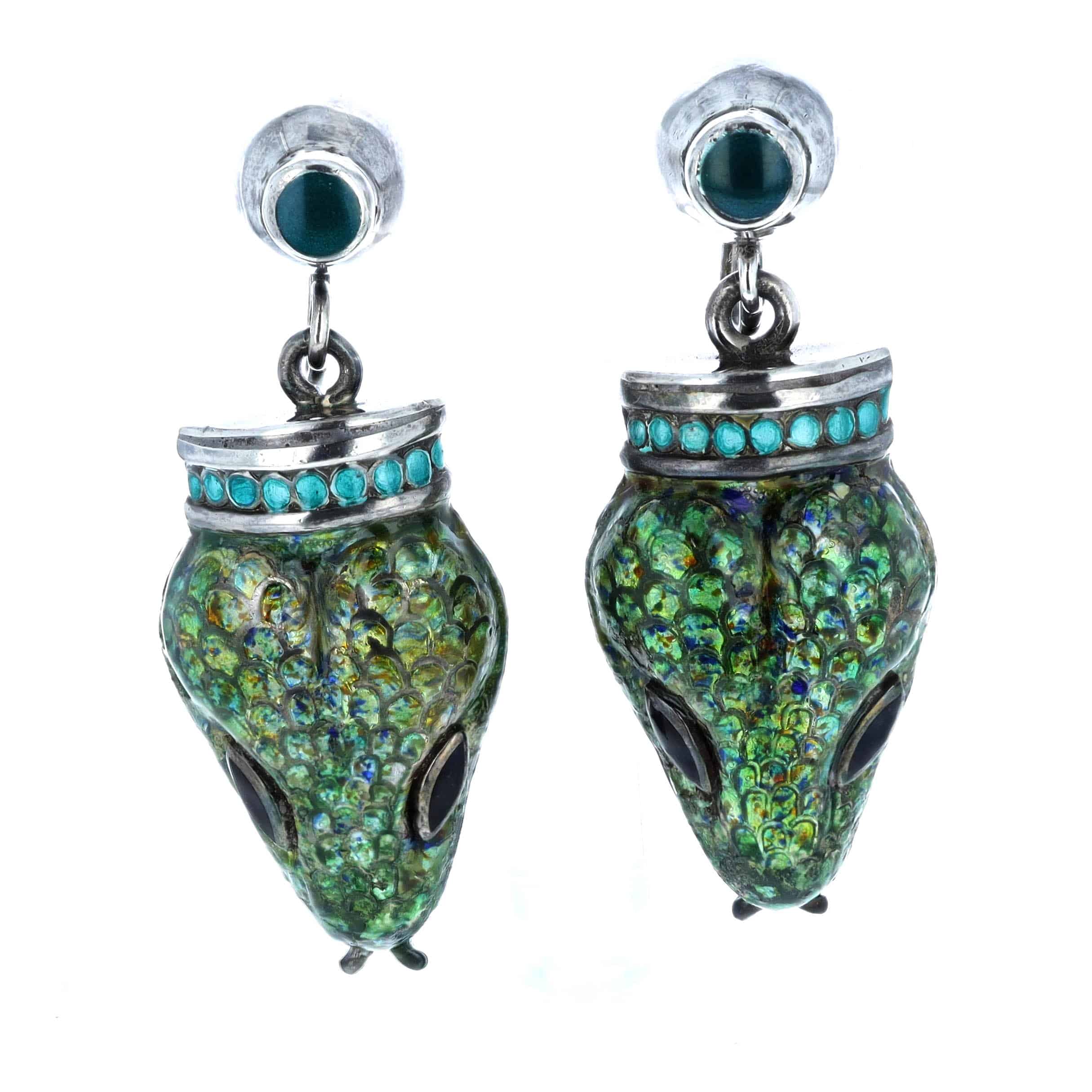 Margo De Taxco Sterling Silver Enamel Snake Head Drop Earrings, C.1940S 1 Margo De Taxco Enameled Silver Snakedrop Earrings
